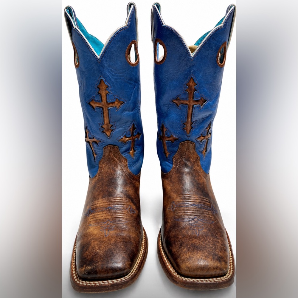 ARIAT Mens Ranchero Cross 9.5 D | Blue Brown Western Cowboy Boots | Square Toe